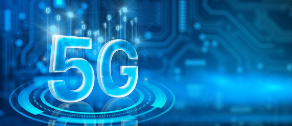 The image depicts a digital representation of 5G, intertwined with binary code and circuit patterns, symbolizing advanced telecommunications technology and the seamless integration of IoT in industries.