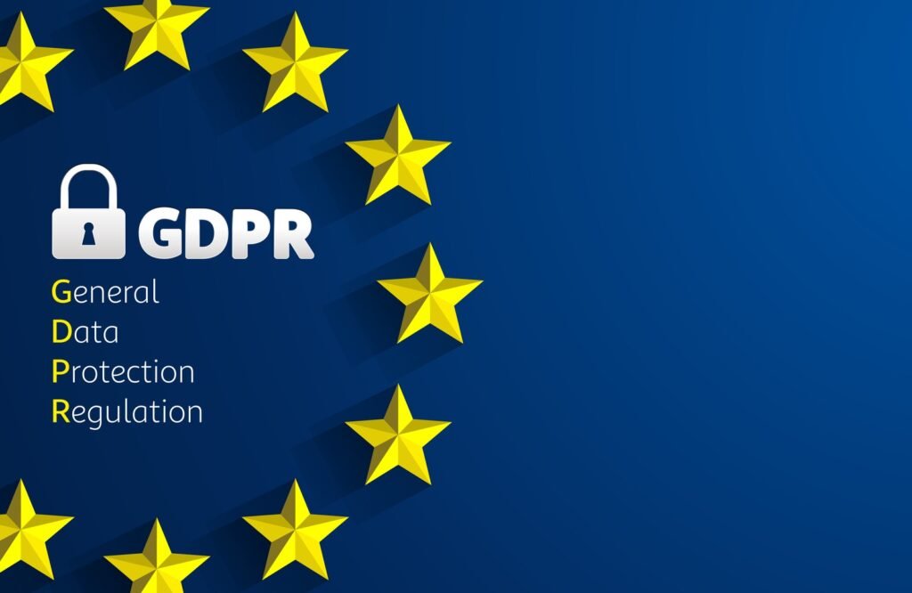 The GDPR logo features a lock icon and yellow stars forming a circle on a blue background, symbolizing robust data security. General Data Protection Regulation is written vertically beside the acronym, highlighting its role in safeguarding personal information through rigorous testing standards.