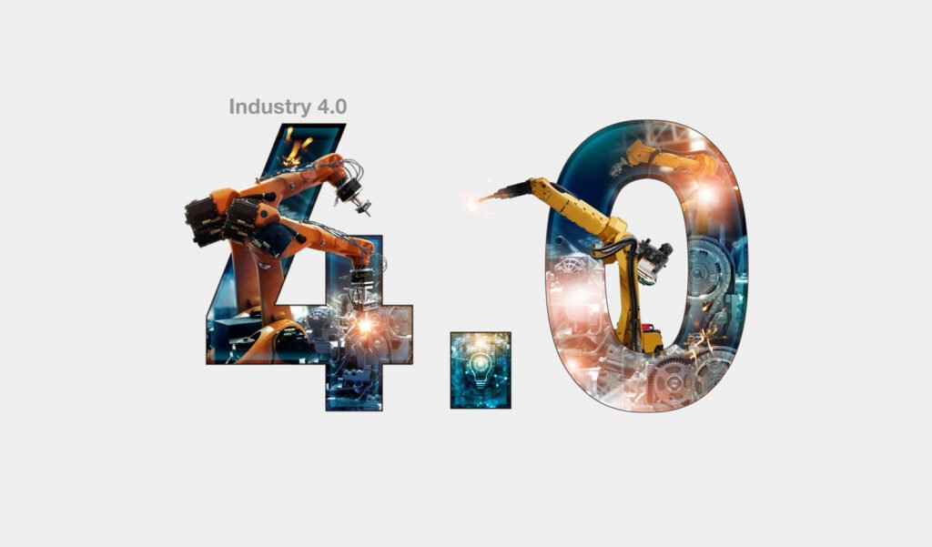 Text Industry 4.0 with robotic arms, industrial machinery, and IoT in industries seamlessly integrated into the numbers 4.0, symbolizing cutting-edge technology in modern manufacturing.