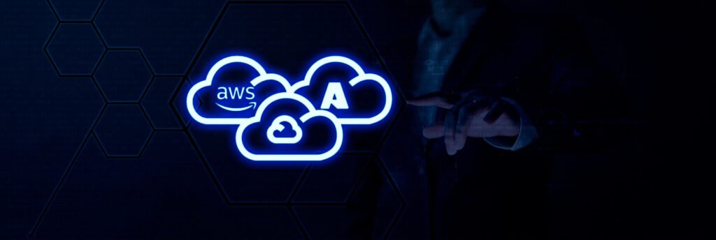 A person wearing a suit interacts with digital icons of cloud services labeled AWS and Microsoft Azure. The background is adorned with hexagonal patterns.