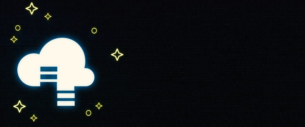 A glowing cloud icon, reminiscent of Microsoft Azure Cloud Services, is adorned with horizontal lines and surrounded by small circles and stars against a dark background.