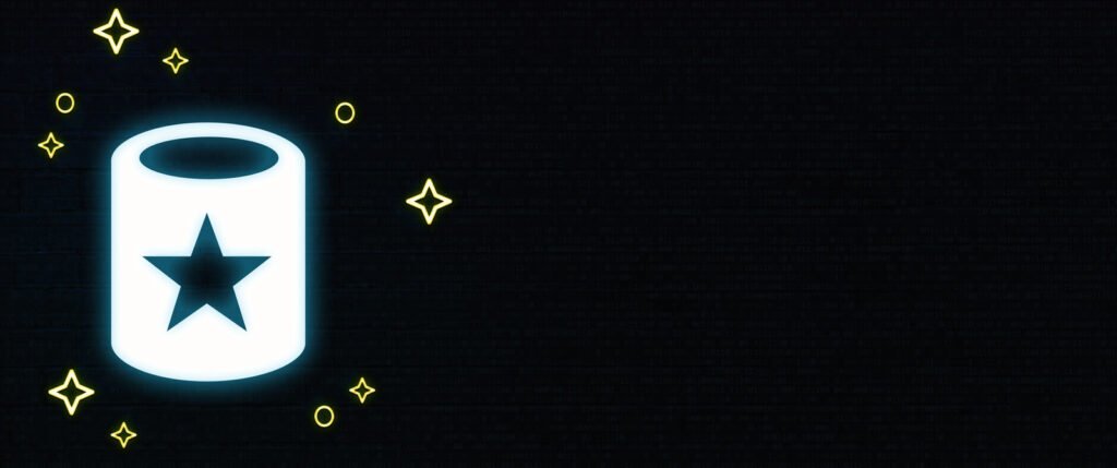 A glowing cylinder with a star symbol, reminiscent of Microsoft Azure cloud services, is surrounded by small yellow stars against a dark background.