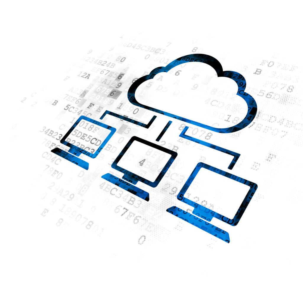 Illustration of cloud computing concept with a Microsoft Azure cloud symbol connected to four computer monitors, set against a background of binary code.