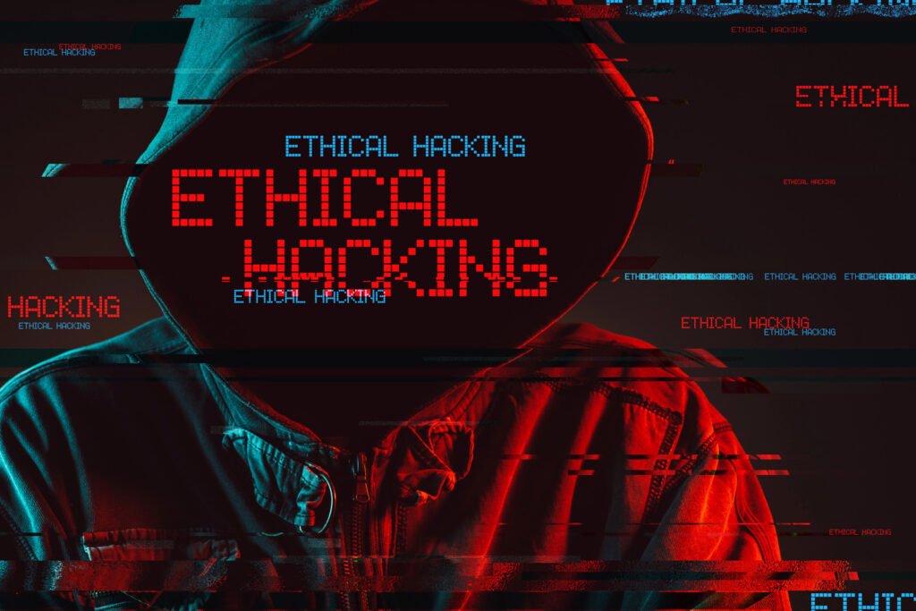 A hooded figure with Ethical Hacking in digital text overlay embodies the world of security testing. Red and blue glitch effects accentuate the cyber theme, hinting at penetration tactics in the shadows.