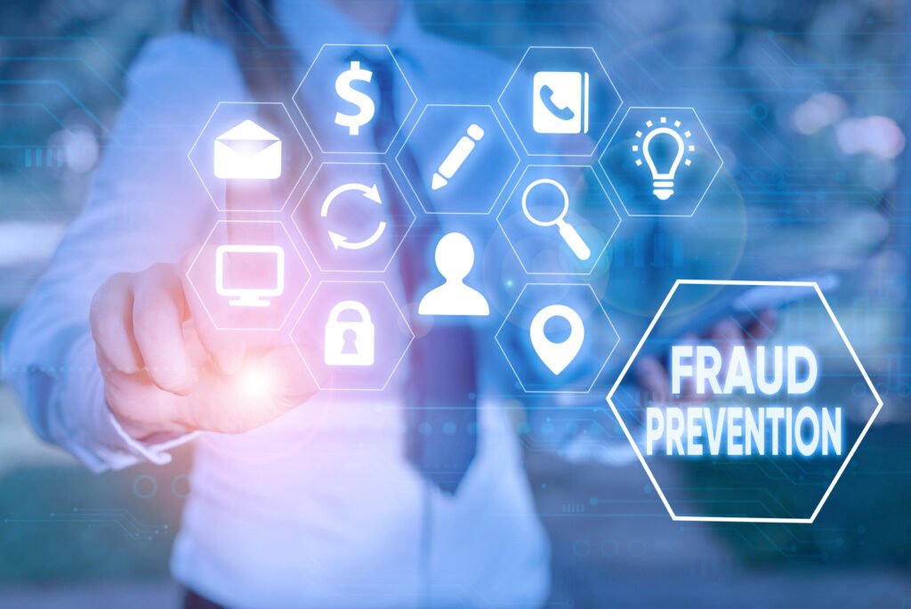 Person in a white shirt interacts with digital icons, including envelope, dollar sign, phone, lightbulb, lock, and location. The text Fraud Prevention is visible, emphasizing the importance of penetration and security testing in safeguarding against threats.