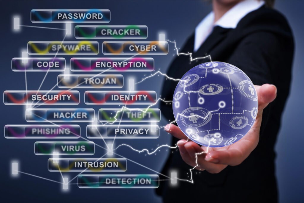 A person holds a digital sphere with icons, surrounded by words like DevOps security, password, hacker, encryption, and virus on a dark background.