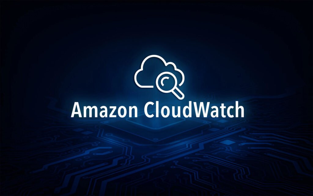 The Amazon CloudWatch logo, featuring a cloud and magnifying glass icon, is set against a blue digital circuit background, highlighting its seamless integration with AWS Lambda for optimized performance monitoring.