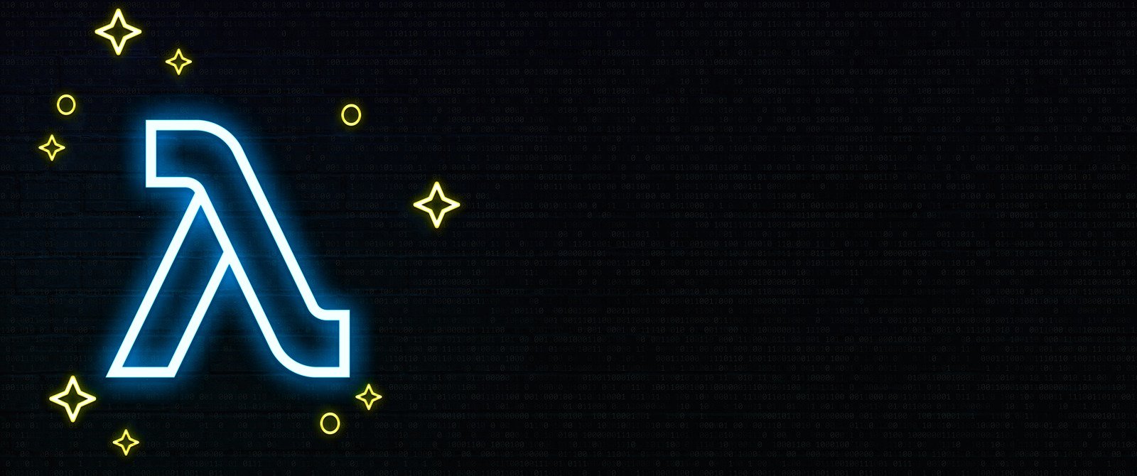 A neon blue lambda symbol, reminiscent of AWS Lambda, is surrounded by small yellow stars on a dark background.