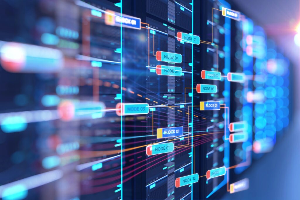 Close-up of a digital interface displaying data nodes and interconnected blocks, with blue and orange lines linking various sections, reminiscent of an EBS systems network or blockchain structure.