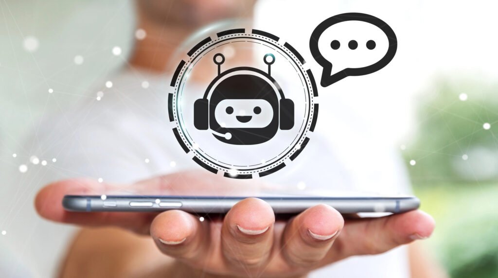 A person holds a smartphone with a floating chatbot icon and speech bubble above it, seamlessly powered by AWS Lambda to deliver real-time responses.