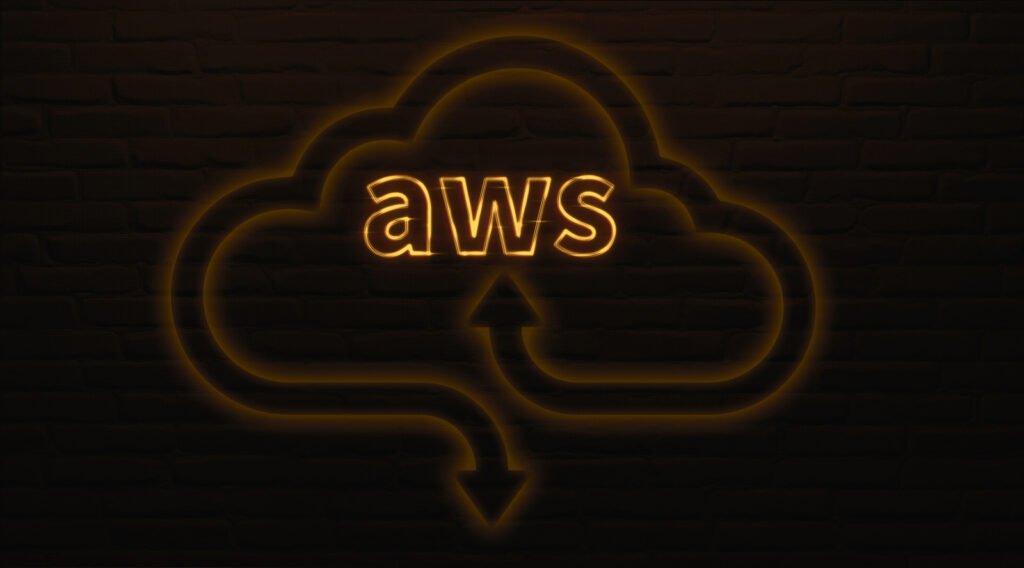 A glowing orange aws nestled within a cloud outline, subtly integrated with codepipeline arrows, stands out against the dark brick wall background.