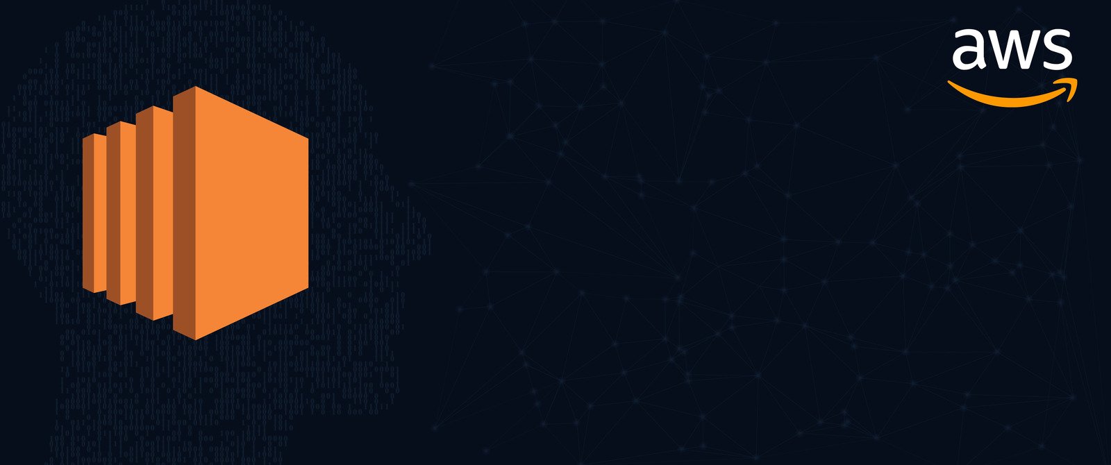 AWS logo and orange icon are displayed on a dark background with a network pattern, showcasing the silhouette of a head connected to EBS systems.