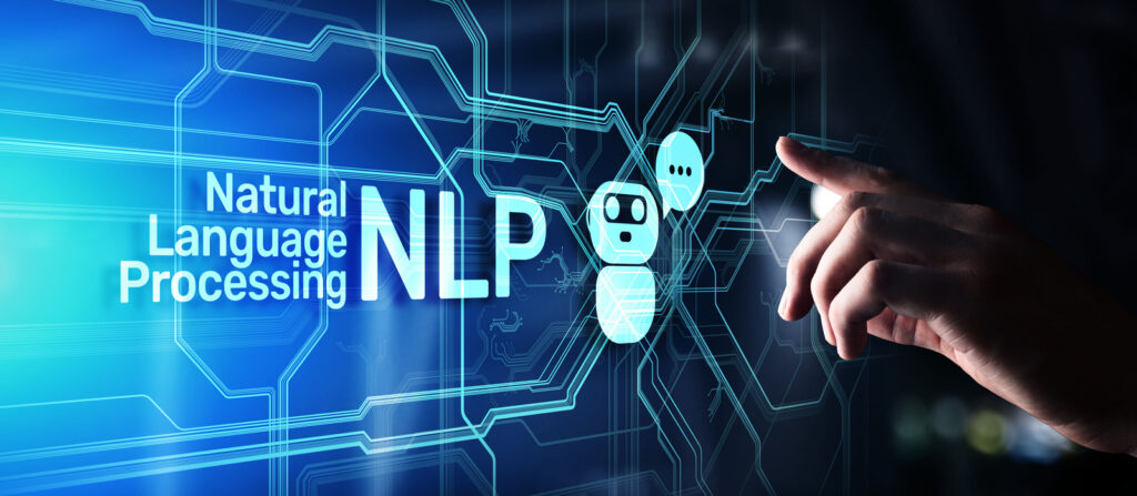 A hand points to a digital interface displaying Natural Language Processing NLP alongside deepseek technology, with icons of a robot, chat bubble, and circuit patterns in the background.