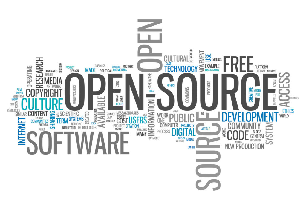 A word cloud focusing on Open Source Software with a deepseek into terms like culture, internet, community, development, and free.