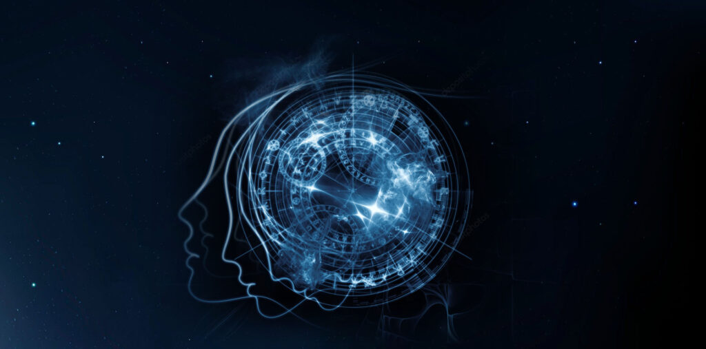 Abstract digital artwork depicting a human head profile intertwined with a glowing, intricate network resembling a celestial map or galaxy.