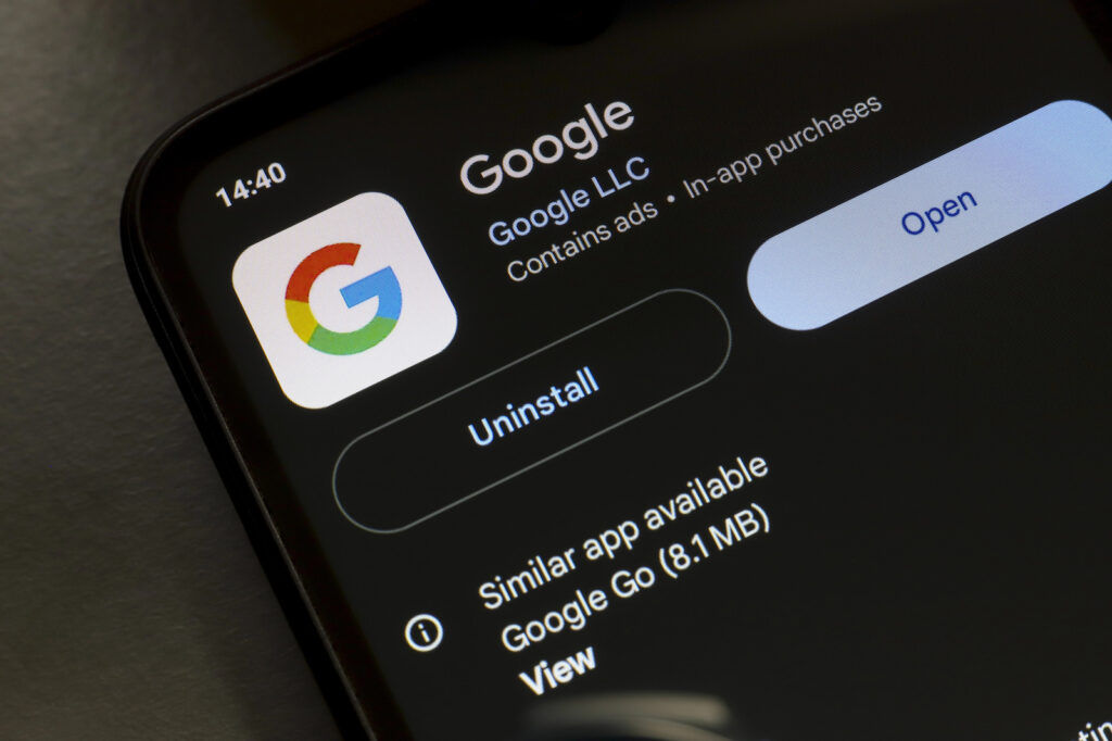 A smartphone screen showcases Google app details, offering options to uninstall or open. It notes Similar app available: Google Go, and highlights integrations with Google Cloud AI for enhanced functionality.