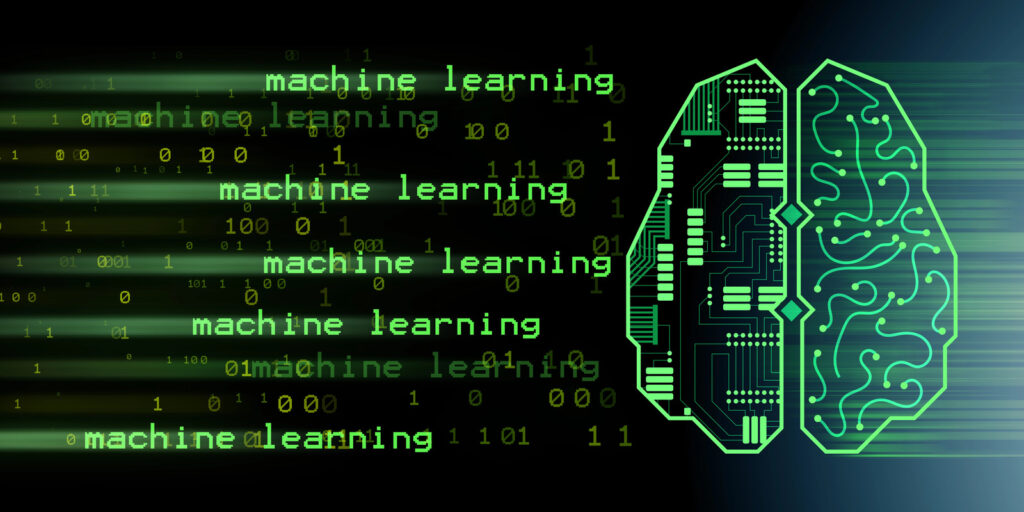 A digital illustration of a circuit board brain features green machine learning text repeatedly beside it against a black background. Amazon SageMaker insights are woven into the binary code scattered throughout the image.