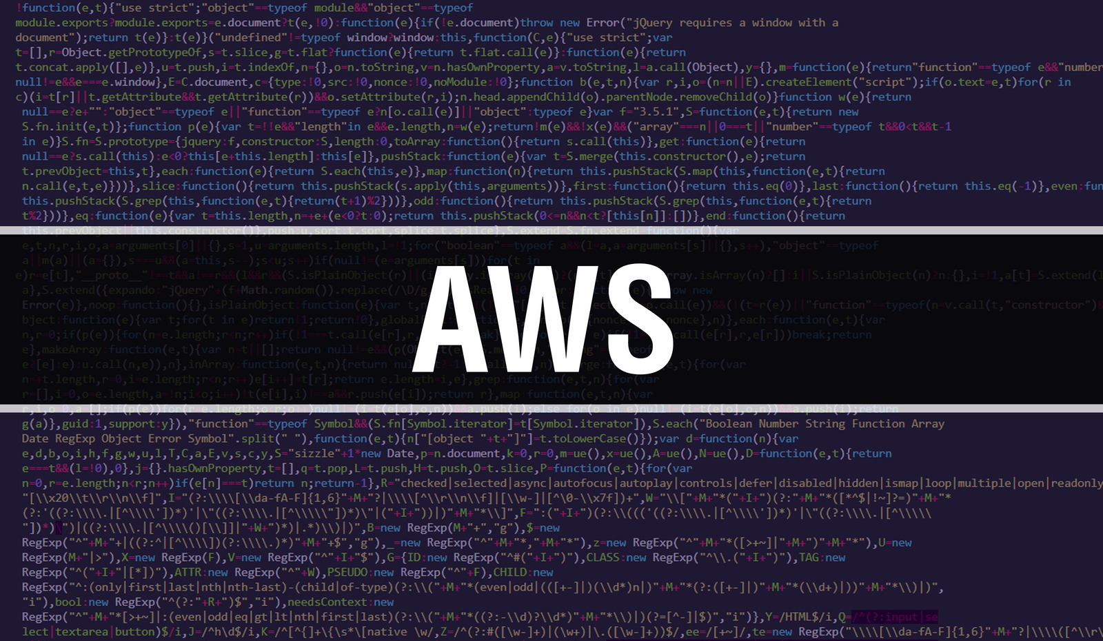 The image displays the letters AWS against a dark background filled with lines of colorful code.